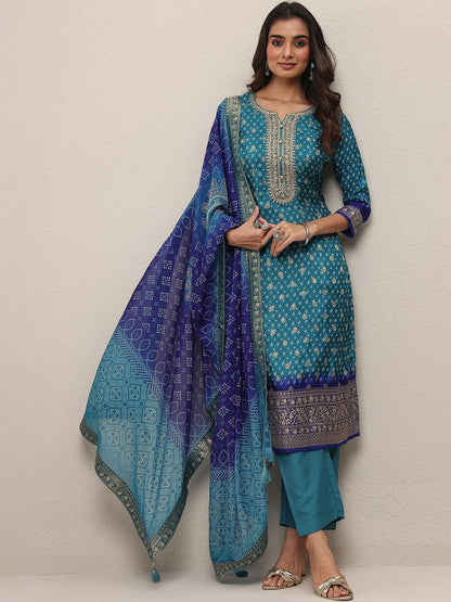 Women Ethnic Motifs Printed Regular Thread Work Kurta with Trousers & With Dupatta