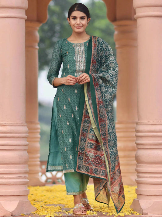 Women's LB Teal Printed Silk Blend Straight Suit With Dupatta