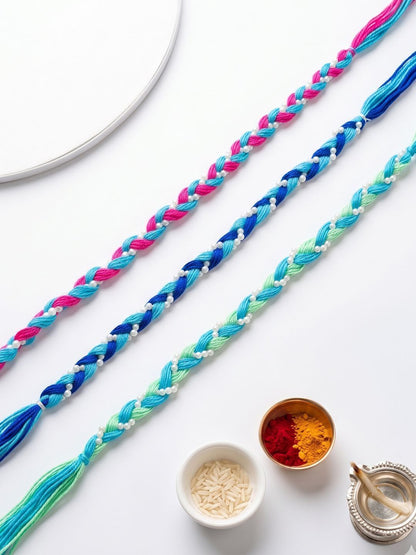 Dhiyona Set Of 3 Multicolor Thread Rakhi With Roli Chawal Chandan Mishri