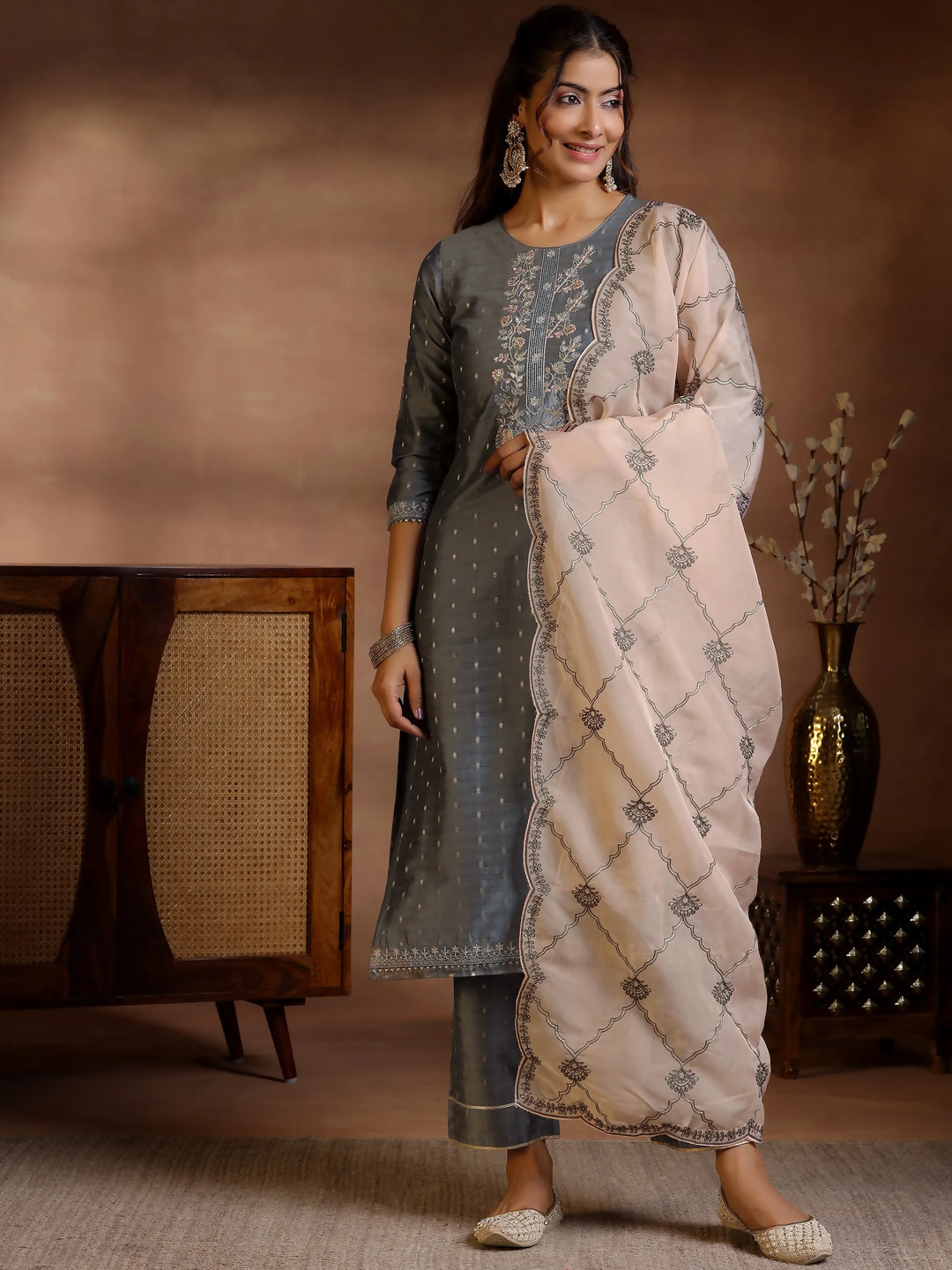 Women's LB Grey Yoke Design Silk Blend Straight Suits With Dupatta