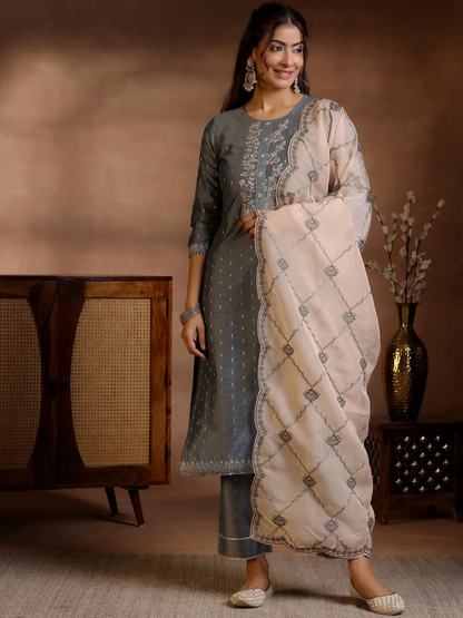 Women's LB Grey Yoke Design Silk Blend Straight Suits With Dupatta