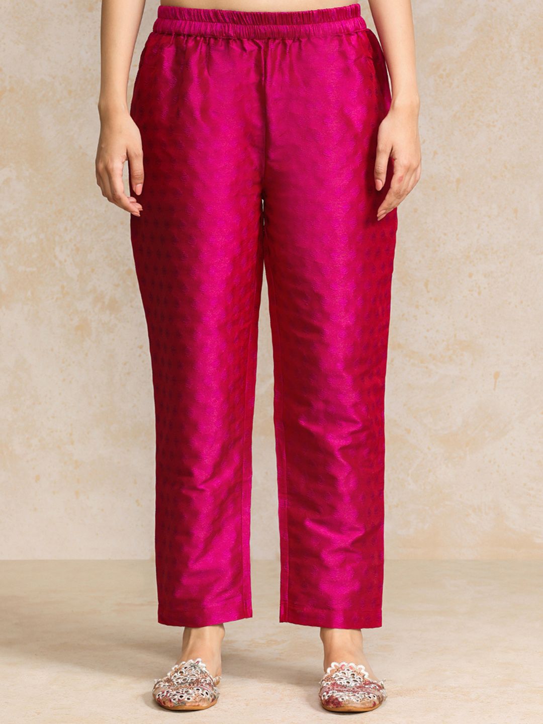 Pink Women Pink Zari Work textured Kurta with Trouser and Printed Dupatta