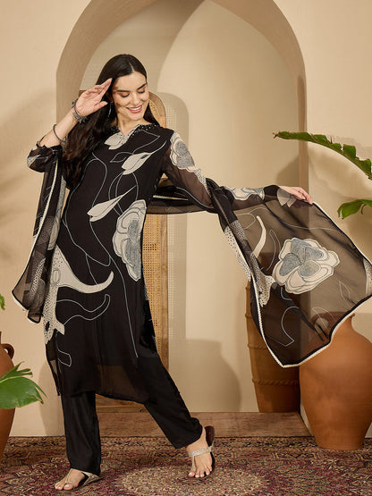 Printed Straight Kurta & Trousers With Dupatta