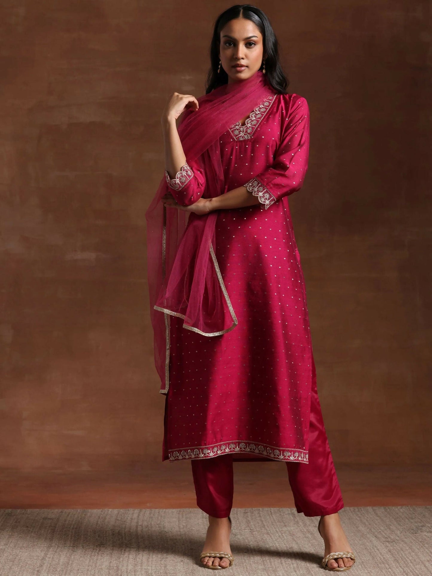 Women's LB Pink Self Design Silk Blend Straight Suit With Dupatta