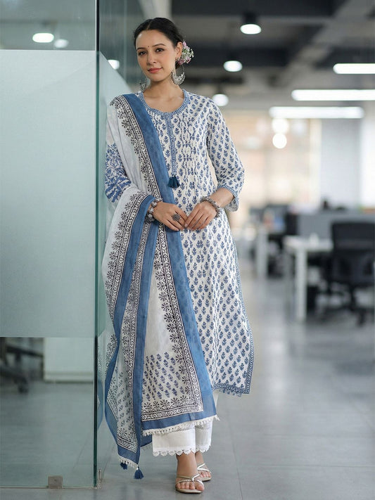 Dhiyona RR Women's Ethnic Motifs Printed Regular Pure Cotton Kurta with Trousers & Dupatta