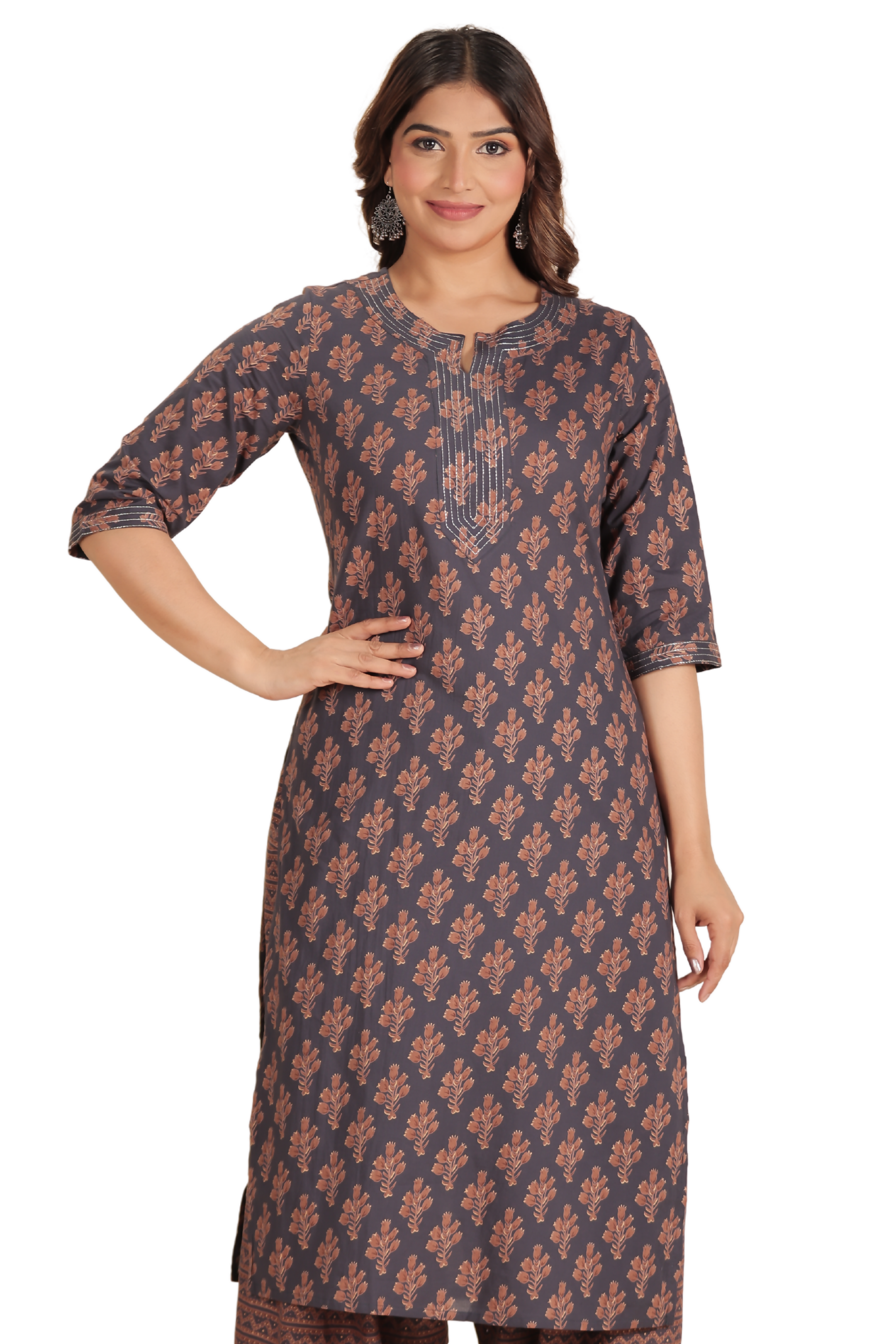 Women's Straight Soft Cotton Floral Print Women's Kurta - Grey