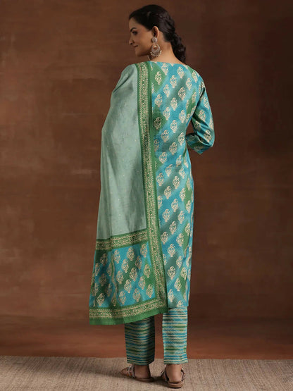 Women's LB Blue Printed Silk Blend Straight Suit With Dupatta