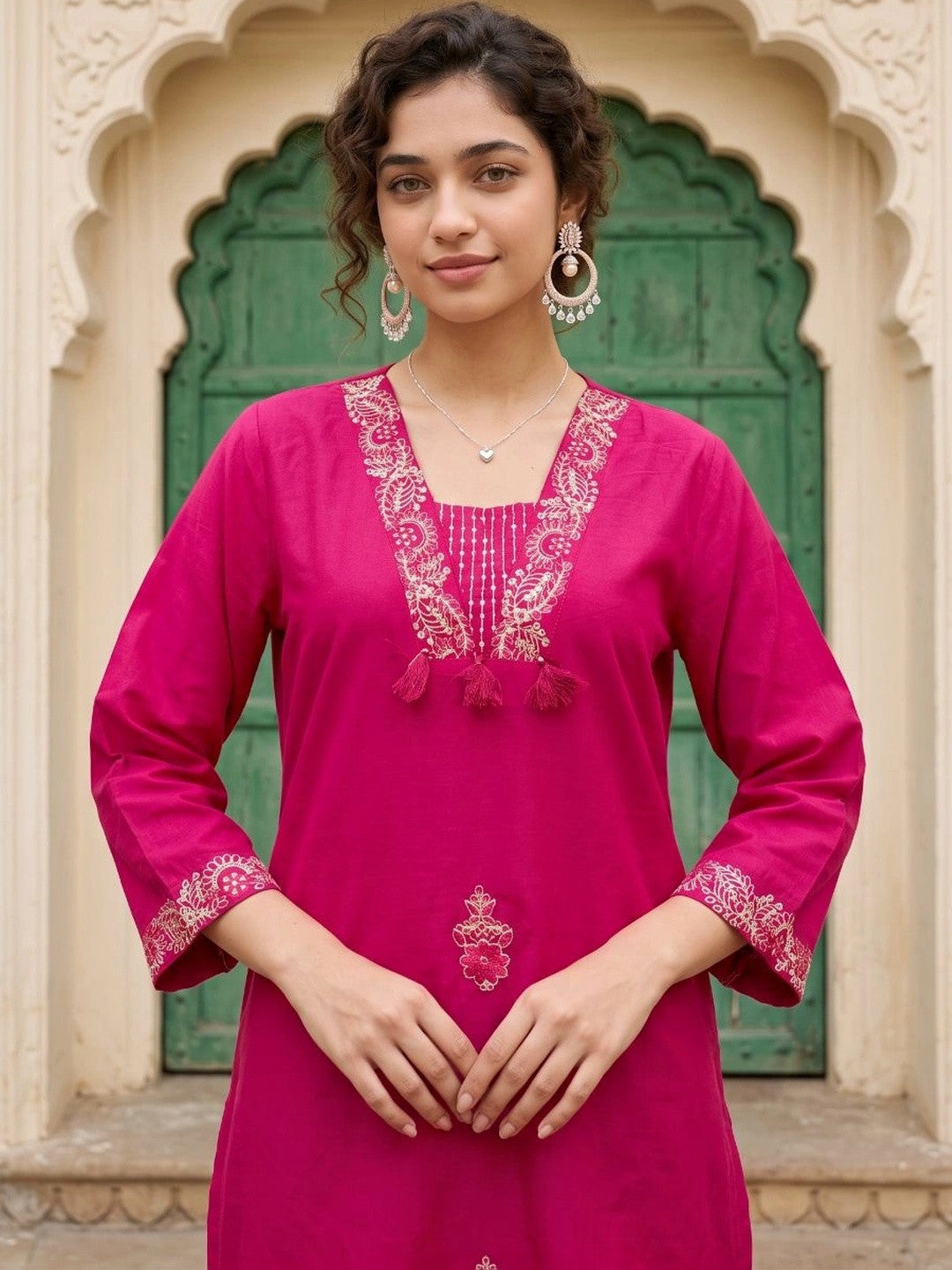 Women Ethnic Motifs Embroidered Regular Thread Work Pure Cotton Kurta with Trousers & With Dupatta
