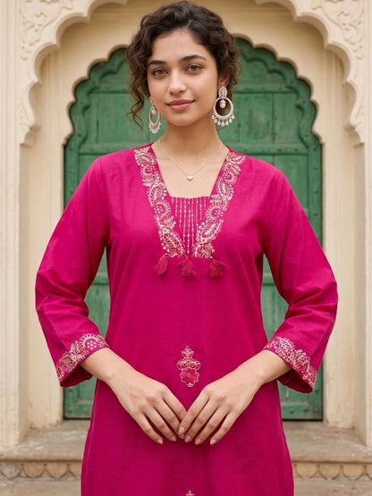 Women Ethnic Motifs Embroidered Regular Thread Work Pure Cotton Kurta with Trousers & With Dupatta