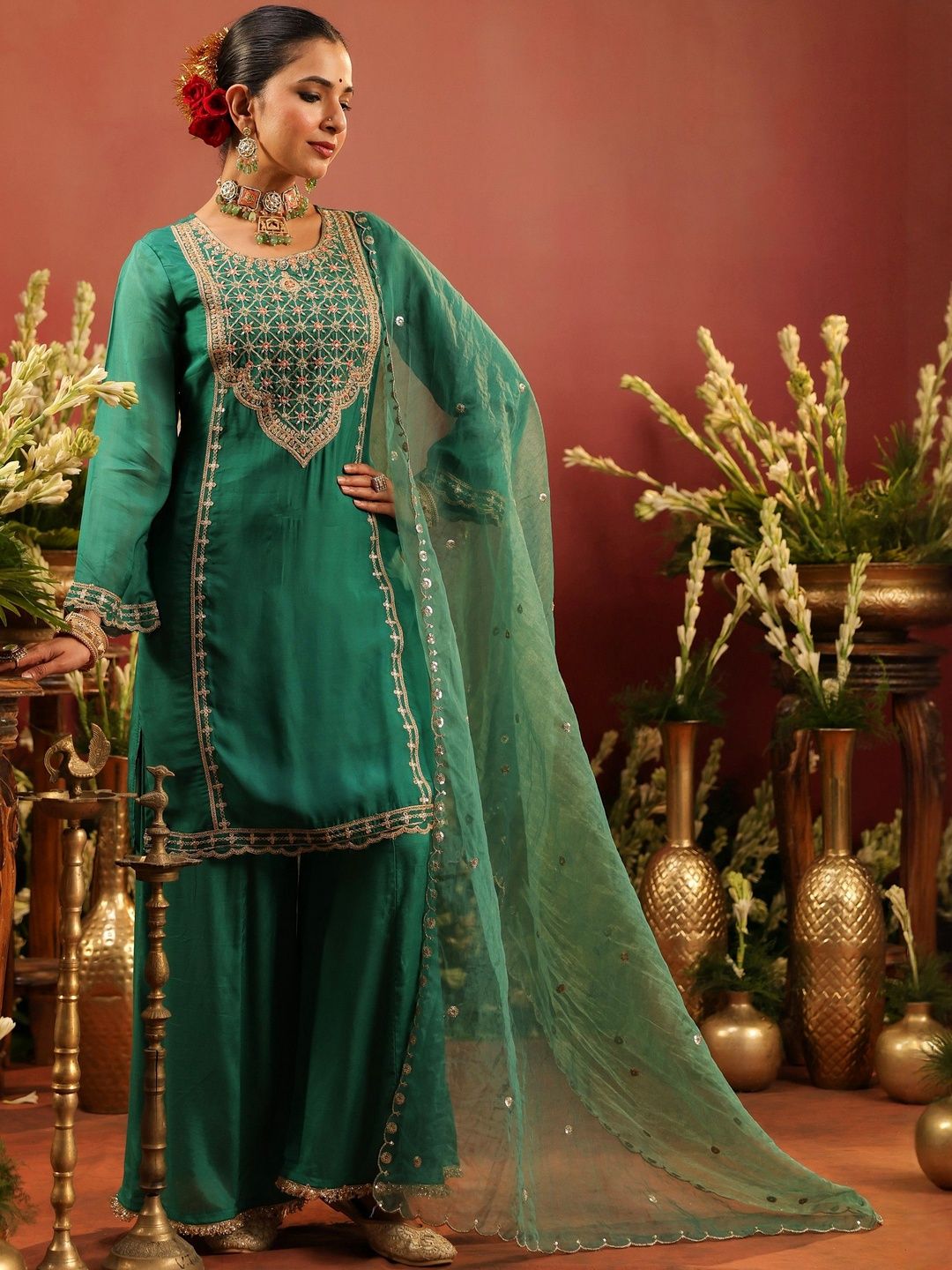 Dhiyona SC Women Floral Zari Embroidered Regular Kurta With Sharara & Dupatta Kurta Sets