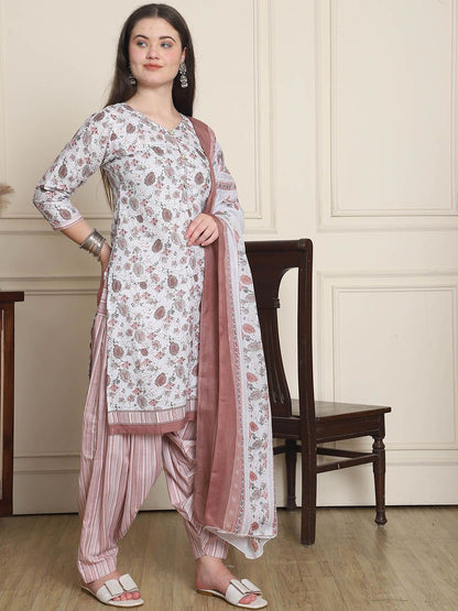 Dhiyona KL Floral Printed V-Neck Straight Kurta With Patiala & Dupatta