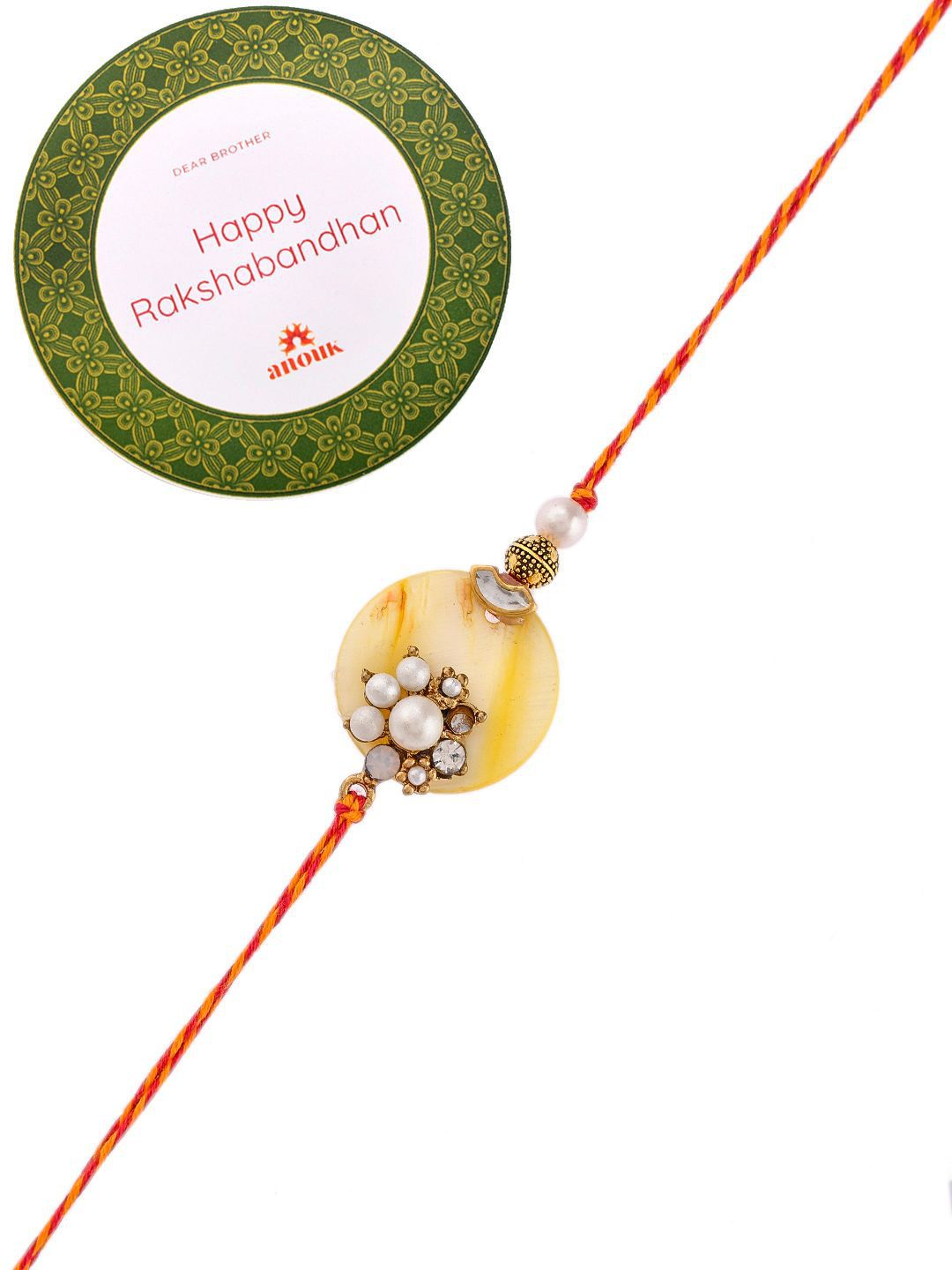 Dhiyona White Pearl-Beaded Rakhi With Roli Chawal & Greeting Card