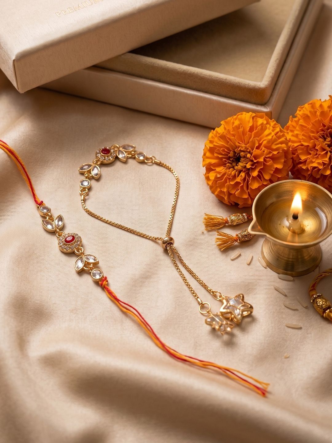 Dhiyona Set Of 2 Kundan Studded Gold Toned Bhaiya Bhabhi Rakhi