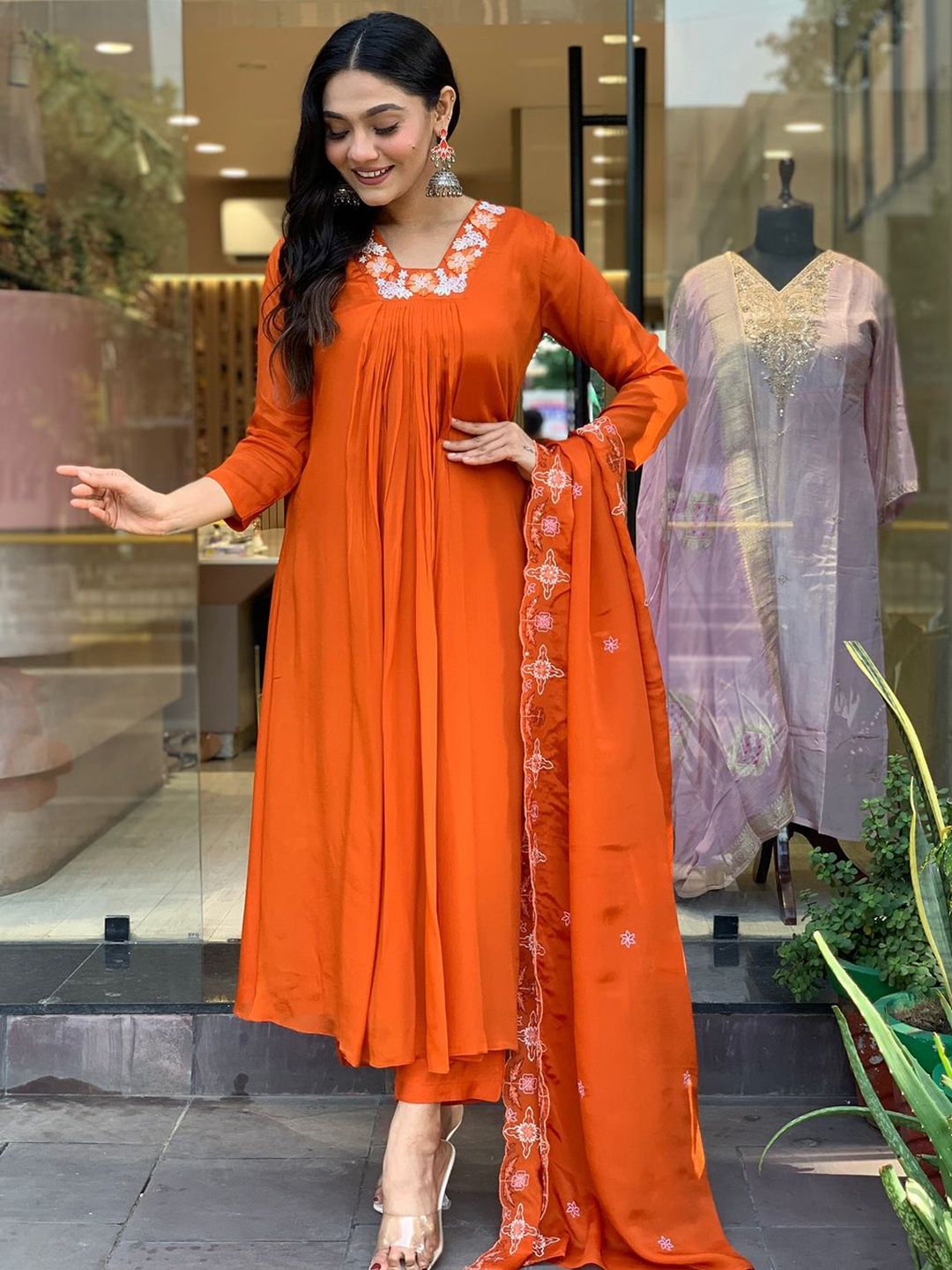Dhiyona KL Floral Embroidered Anarkali Kurta with Trousers & Dupatta