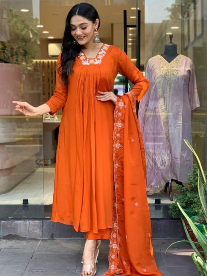 Dhiyona KL Floral Embroidered Anarkali Kurta with Trousers & Dupatta