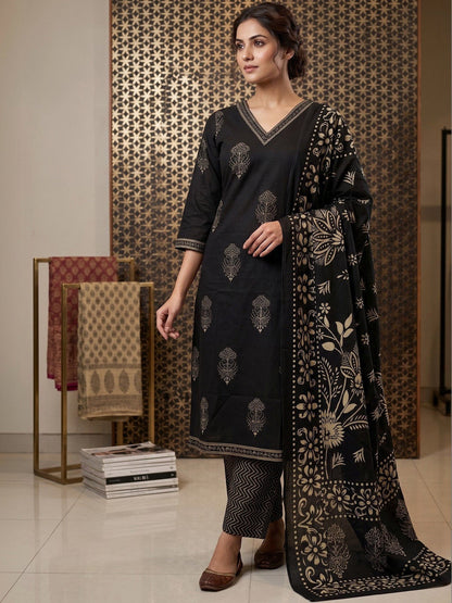 Printed Pure Cotton V-Neck Kurta & Trousers With Dupatta