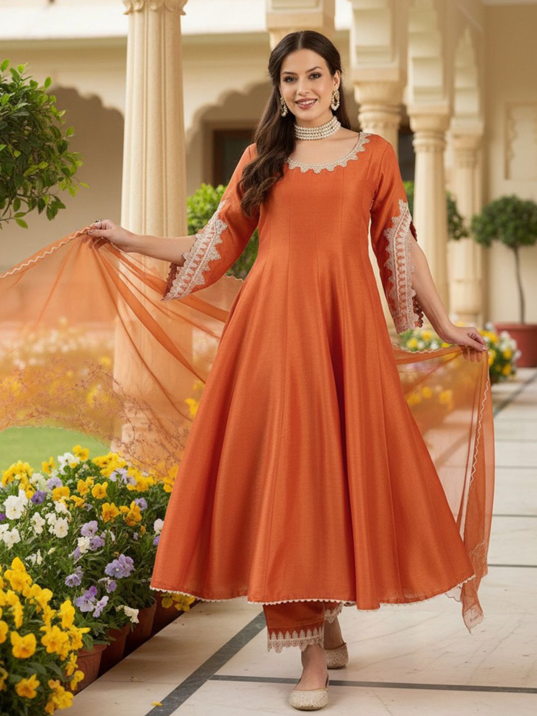 Dhiyona KL Embroidered Empire Thread Work Anarkali Kurta with Palazzos & Dupatta