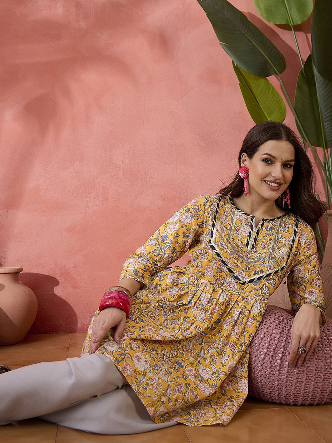 Mustard Floral Printed Pure Cotton Empire Style Anarkali Kurti & Dhoti Pant Set