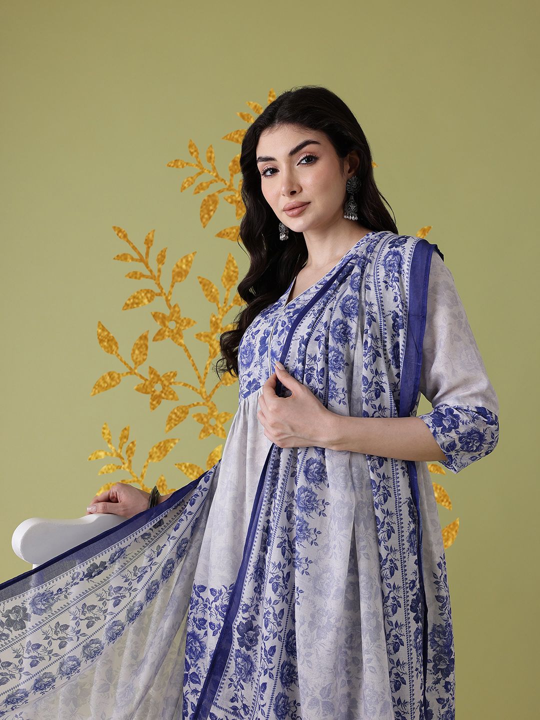 Dhiyona AN Women Floral Printed Pleated A-Line Kurta with Sharara & Dupatta