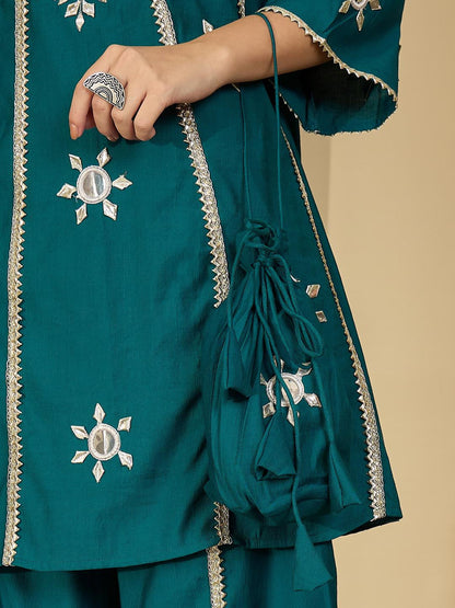 Women Floral Embroidered Regular Mirror Work Kurta with Palazzos