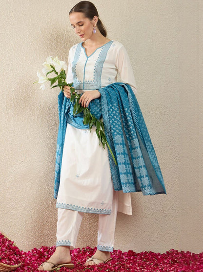 Women Ethnic Motifs Embroidered Regular Thread Work Pure Cotton Kurta with Trousers & With Dupatta