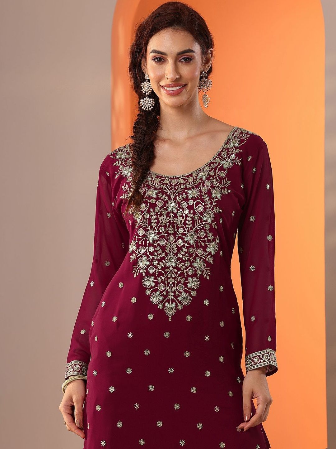 Dhiyona LL Women Ethnic Motifs Embroidered Regular Thread Work Kurta with Sharara & With Dupatta
