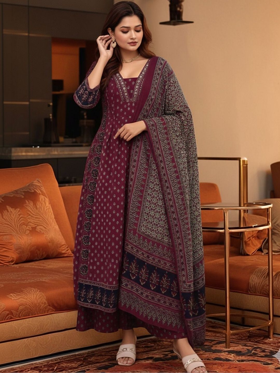 Dhiyona KL Women Ethnic Motifs Printed Regular Kurta with Trousers & With Dupatta