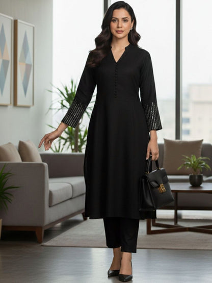 Black Women Regular Sequinned Kurta with Trousers