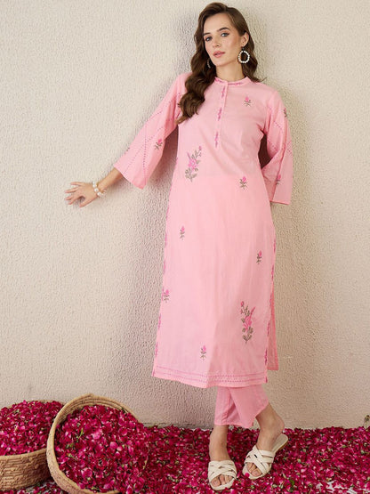 Women Floral Embroidered Cotton Kurta with Trousers