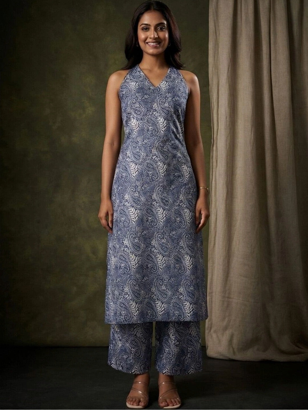 Printed Pure Cotton Halter Neck Kurta & Palazzos