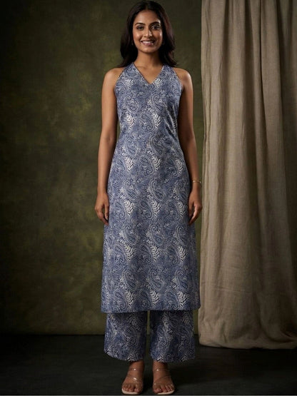 Printed Pure Cotton Halter Neck Kurta & Palazzos