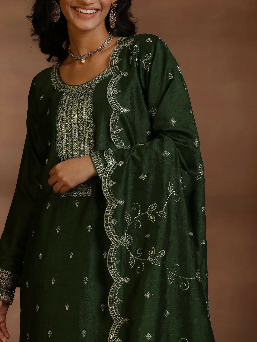 Women's LB Green Embroidered Silk Blend Straight Suits With Dupatta