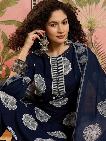 Floral Printed Cotton Round Neck Kurta & Trousers With Dupatta
