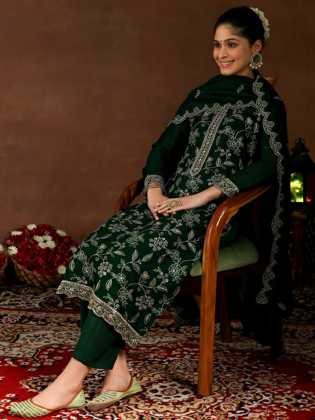 Women's LB Green Embroidered Silk Blend Straight Suit With Dupatta