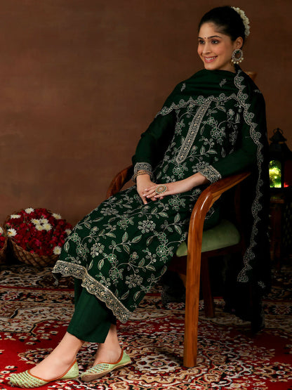 Women's LB Green Embroidered Silk Blend Straight Suit With Dupatta