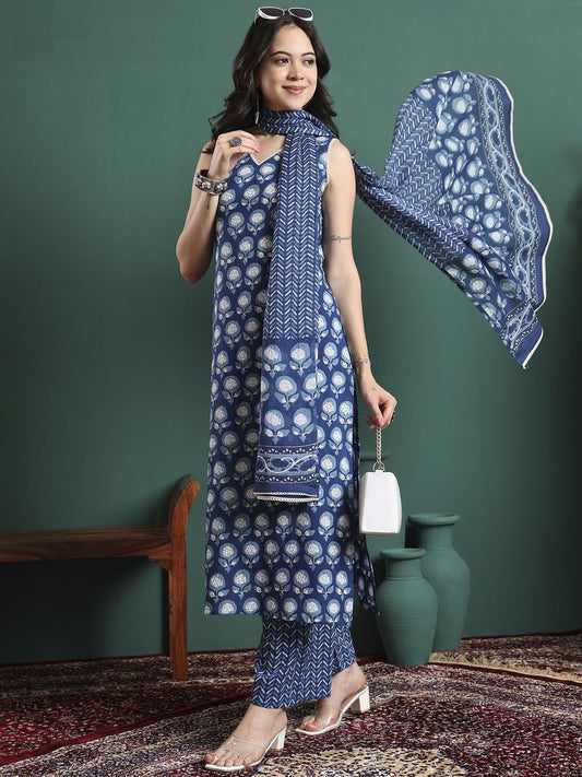 Dhiyona KL Women Floral Printed Cotton Kurta with Trousers & Dupatta