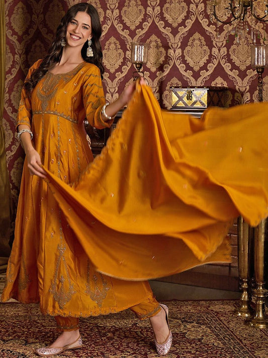 Dhiyona CH Ethnic Motifs Embroidered Round Neck Anarkali Kurta With Trousers & Dupatta