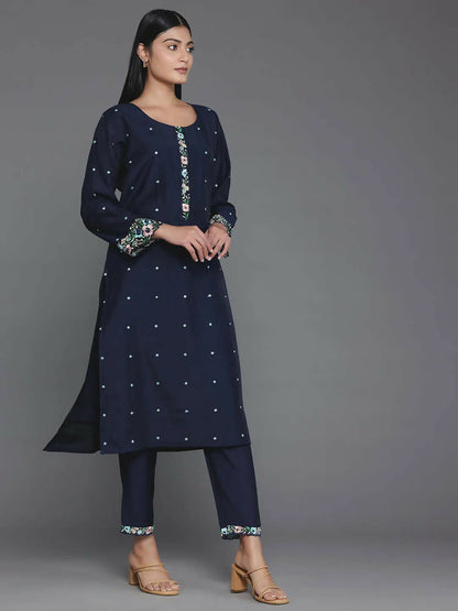 Women's LB Blue Embroidered Silk Blend Straight Suit With Dupatta