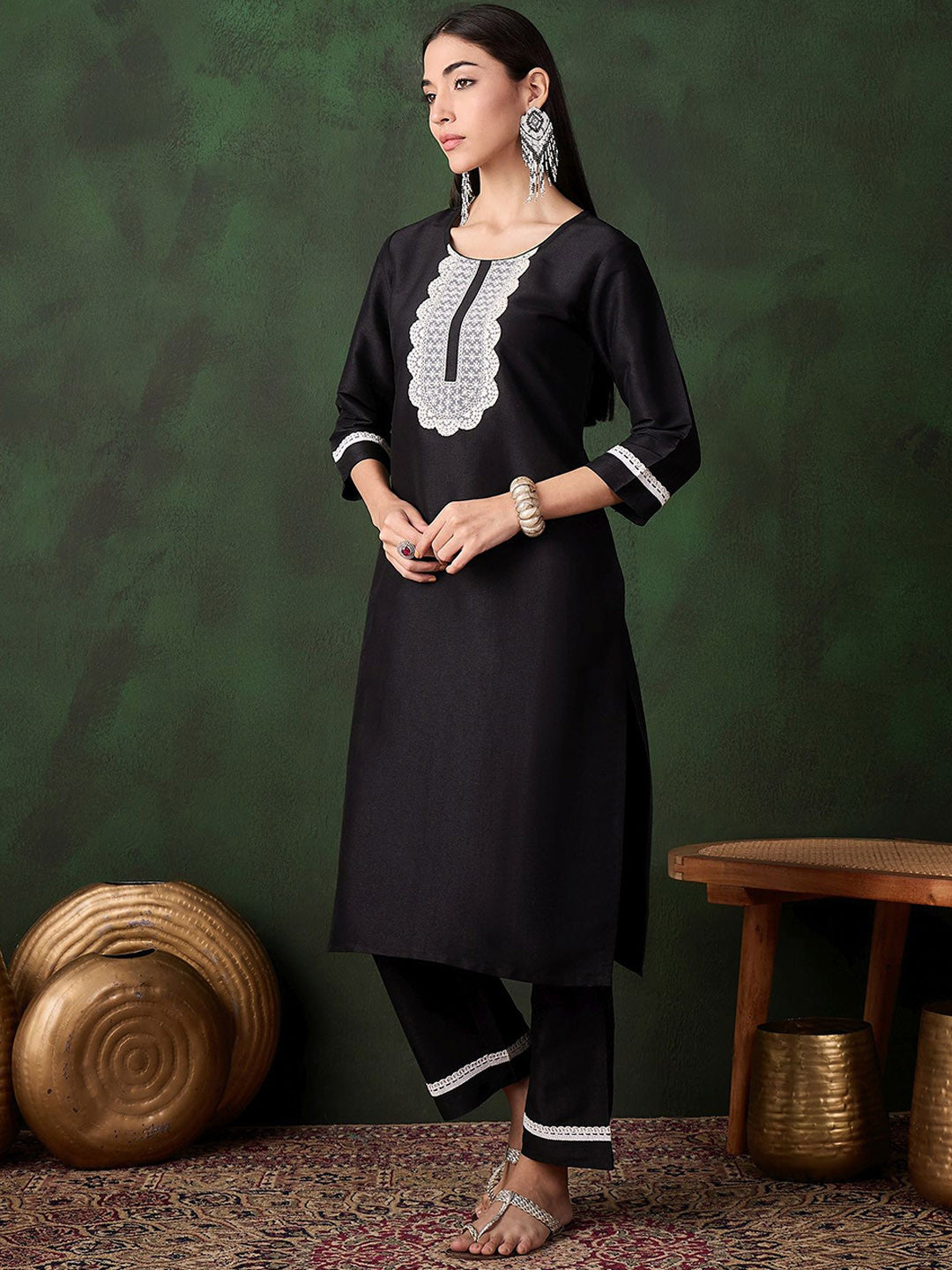 Black Floral Embroidered Three-Quarter Sleeves Chikankari Work Kurta With Trouser