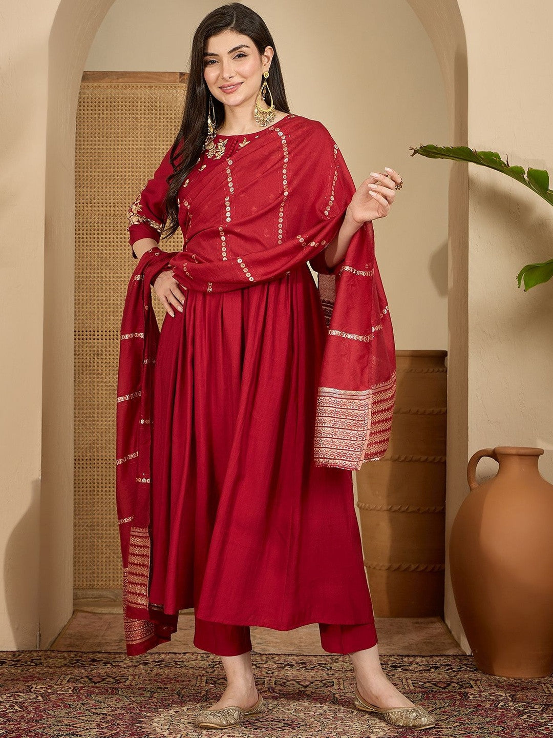 Floral Embroidered Empire A Line Kurta With Trousers & Dupatta