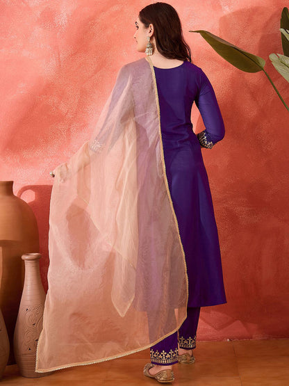 Floral Embroidered Panelled Gotta Patti A-Line Kurta With Trouser & Dupatta