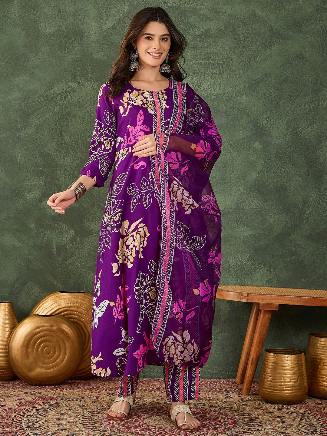 Dhiyona KL Women Printed Flared Kurta with Pant and Dupatta