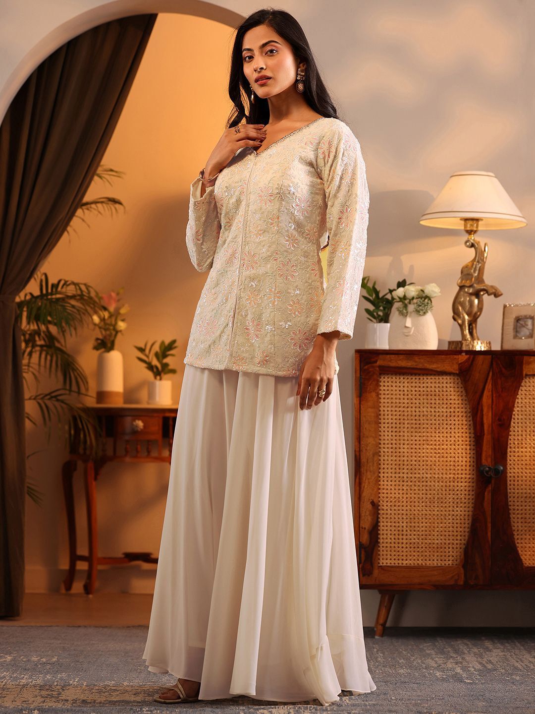 Dhiyona LL Floral Embroidered Straight Georgette Kurta With Palazzos & Dupatta