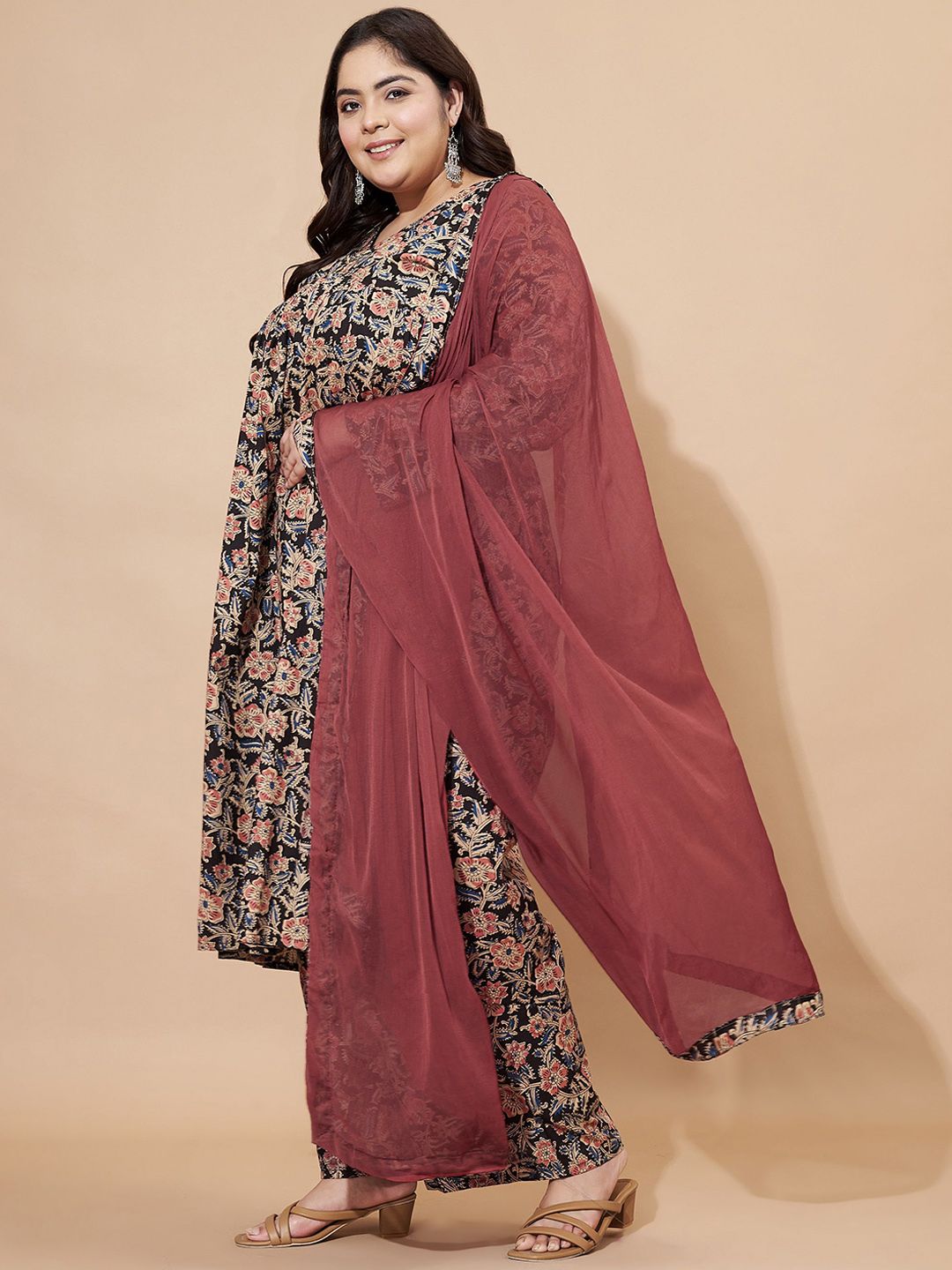 Dhiyona KL Floral Printed Pure Cotton A-line Kurta With Palazzos & Dupatta