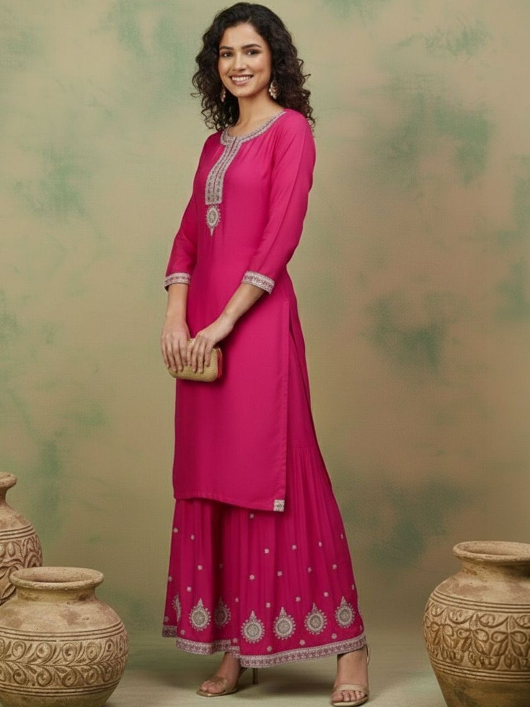 Dhiyona SN Embroidered Round-Neck Kurta Sharara & Dupatta