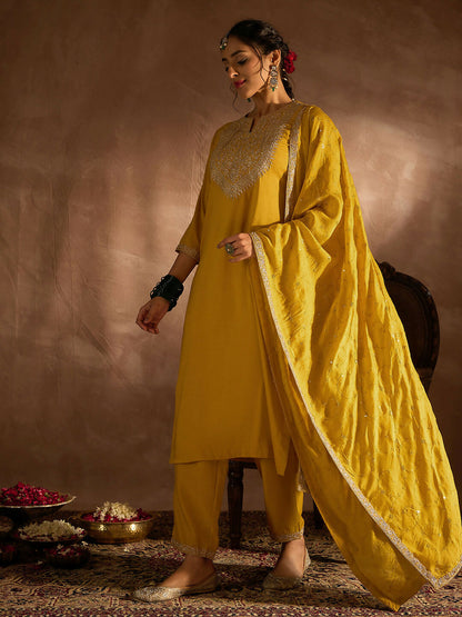 Women's Yellow Embroidered Straight Kurta Trousers With Dupatta set