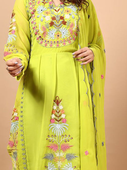 Dhiyona KL Floral Embroidered Notch Neck Georgette Straight Kurta with Palazzos & Dupatta