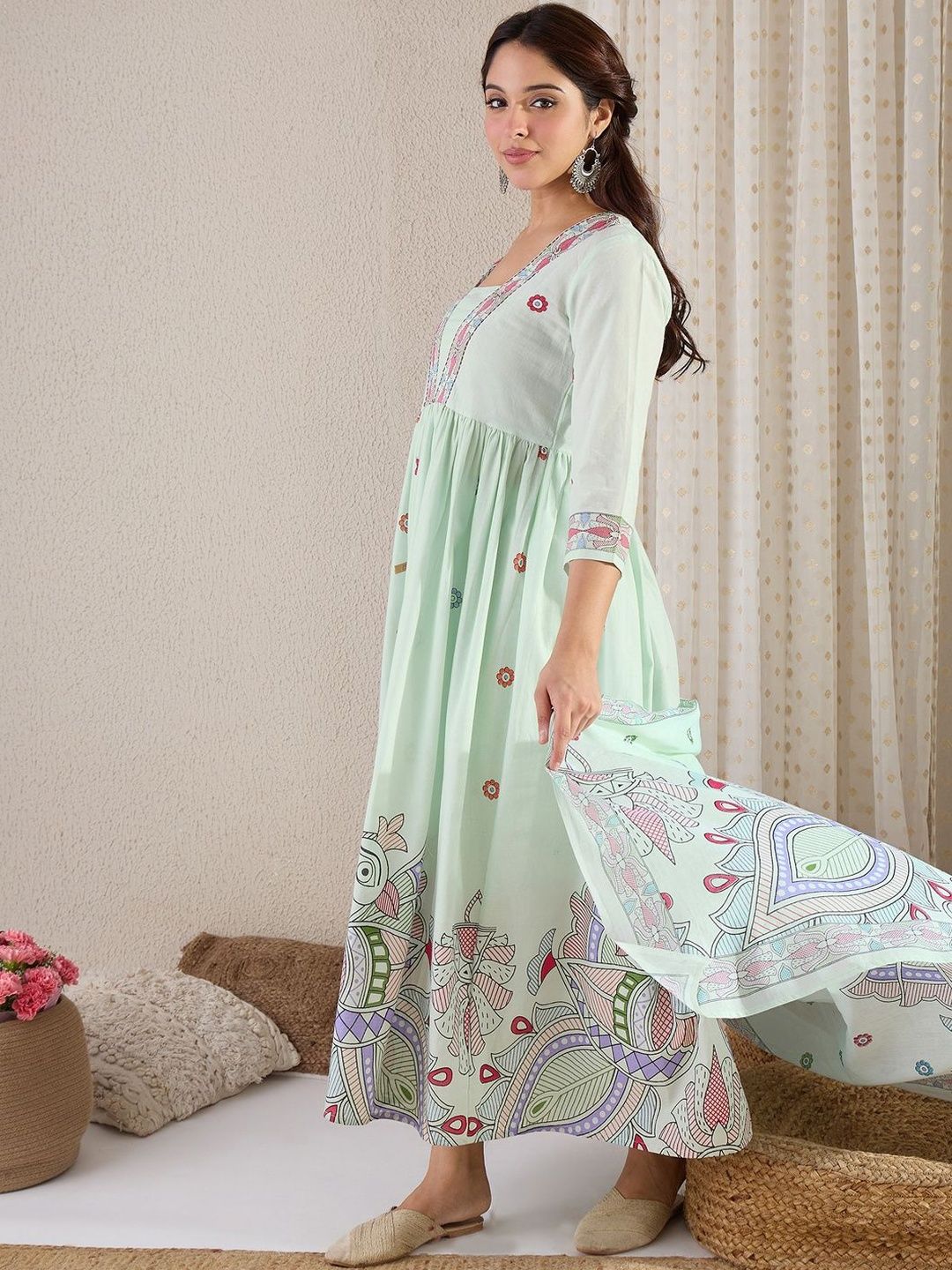 Ethnic Motifs Printed Panelled Pure Cotton Kurta with Trousers & With Dupatta