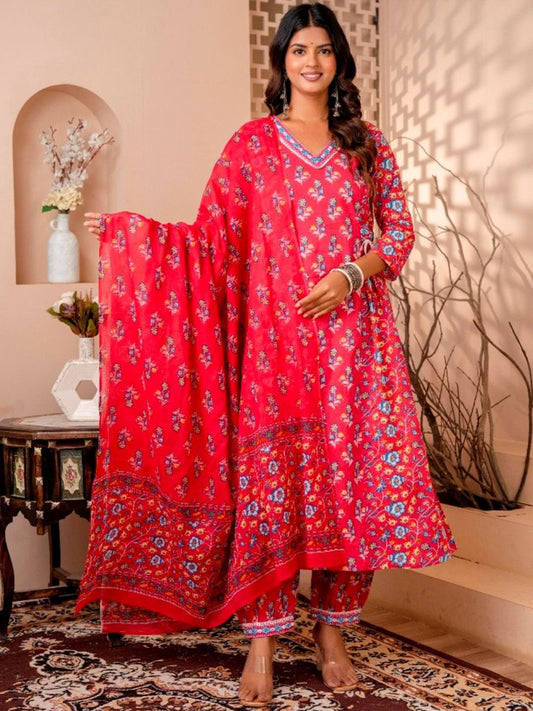 Dhiyona KL Women Floral Printed Pleated Pure Cotton Kurta with Trousers & With Dupatta