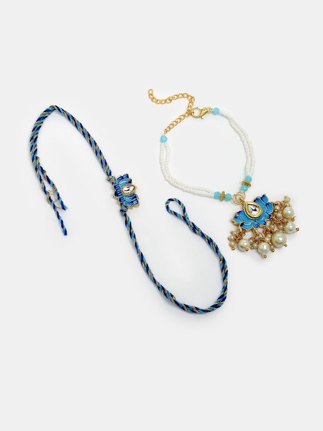 Dhiyona Unisex Set Of 2 Blue Lotus Shape Kundan-Studded & Beaded Wraparound Rakhi Set